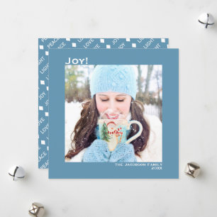 Minimal Square 1 Photo Simple Joy Blue & White Holiday Card