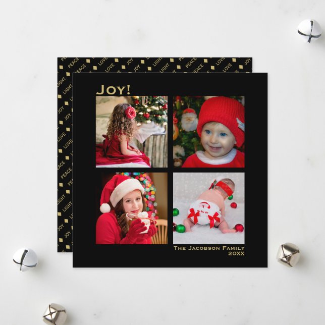 Minimal Square 4 Photo Christmas Joy Black Holiday Card (Front/Back In Situ)
