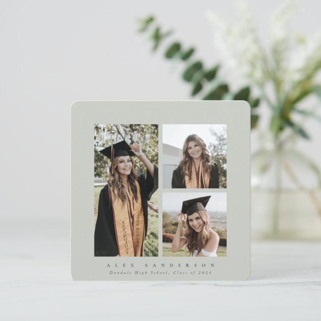 Minimal Square Grey-Green Frame Triple Photo Announcement (Standing Front)
