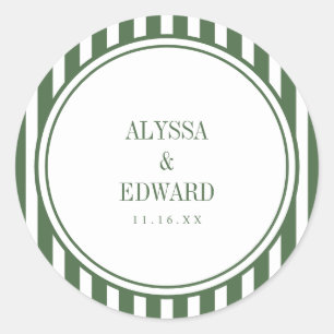 Minimal Striped Green Bride Groom Names Wedding Classic Round Sticker