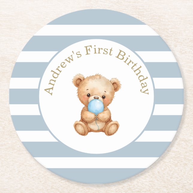 Minimal Stripes Teddy Bear Birthday Paper Coaster (Front)