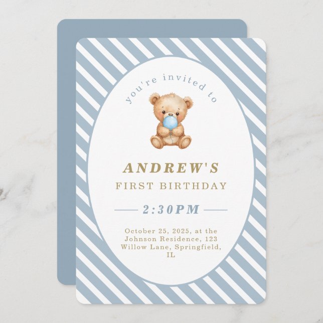 Minimal Stripes Teddy Bear First Birthday  Invitation (Front/Back)