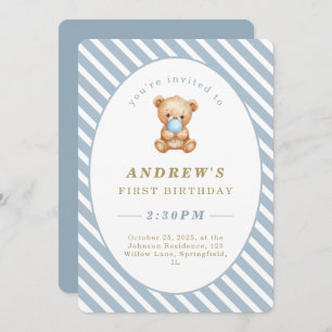Minimal Stripes Teddy Bear First Birthday  Invitation