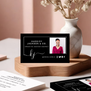 Minimal Stylish Script Monogram Frame Photo Black Business Card