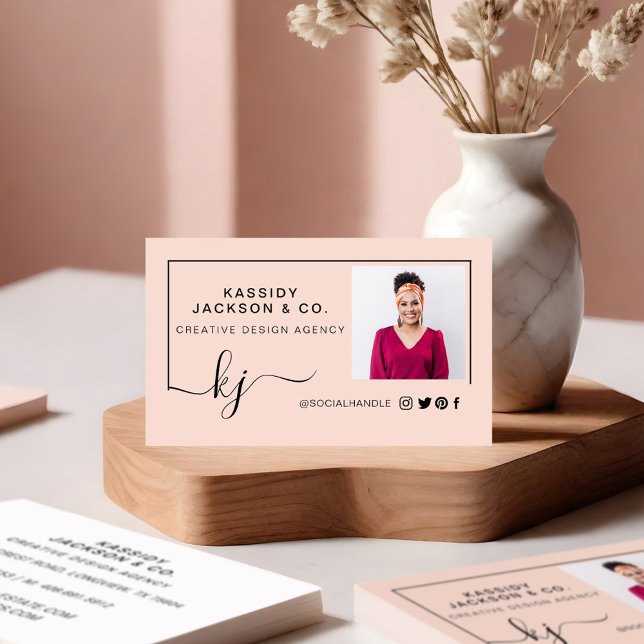 Minimal Stylish Script Monogram Frame Photo Pink Business Card (Minimal Stylish Script Monogram Frame Photo Pink Business Card Front)