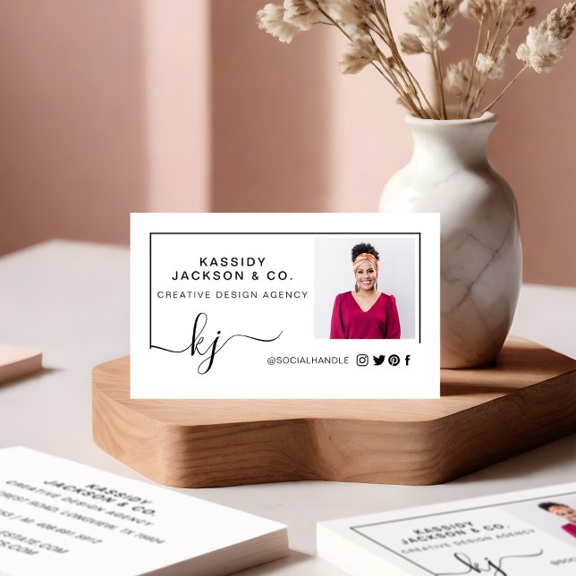 Minimal Stylish Script Monogram Frame Photo White Business Card (Minimal Stylish Script Monogram Frame Photo White Business Card Front)