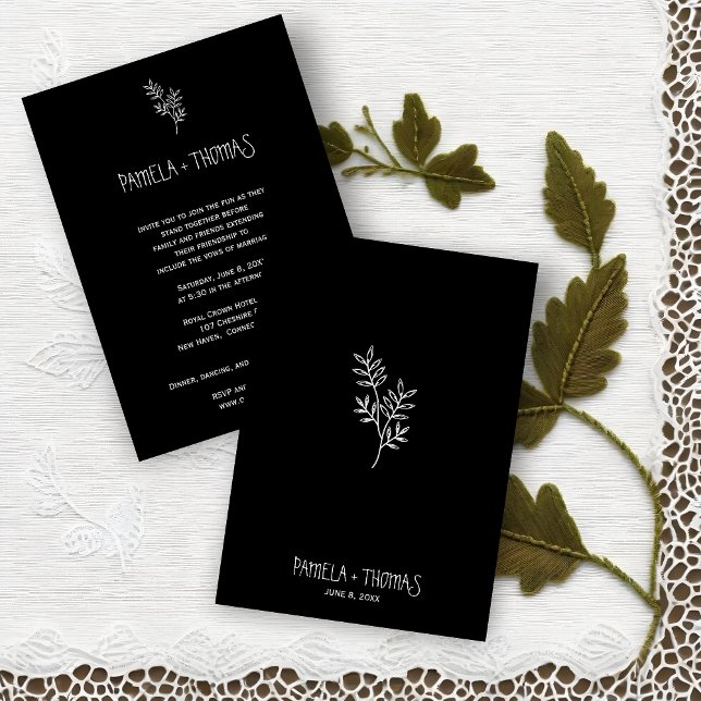Minimal Stylish White Branches & Leaves Wedding  Invitation (Boho Chic Wedding Announcement. Modern Script. Black & White Floral.)