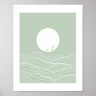 Minimal Sun and Ocean Waves Line Art Poster