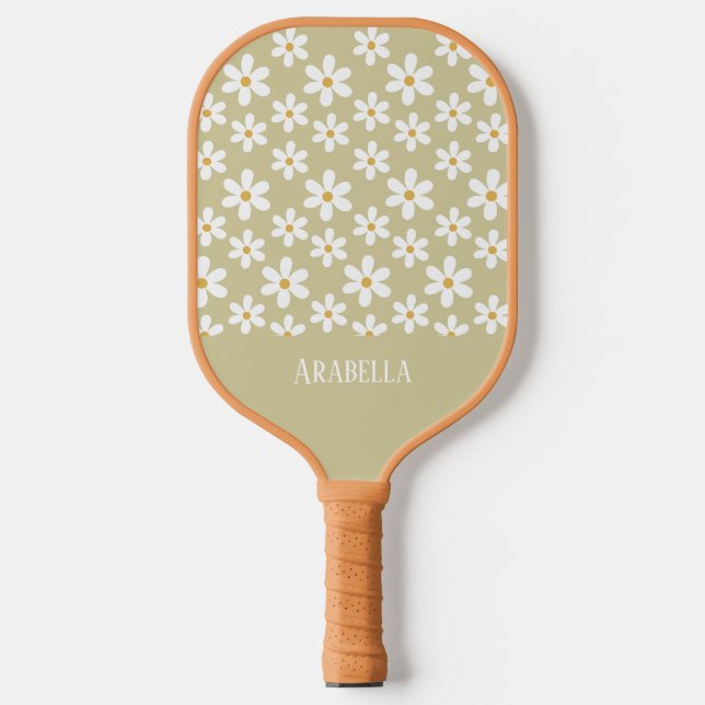 Minimal Tan and White Daisies Personalised Boho Pickleball Paddle (Front)