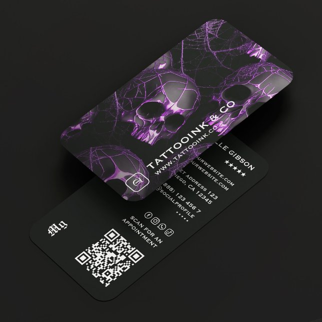 Minimal Tattoo Artist Goth Skull Purple Tattooist  Business Card (Minimal Tattoo Artist Goth Skull Purple Tattooist Business Card
)