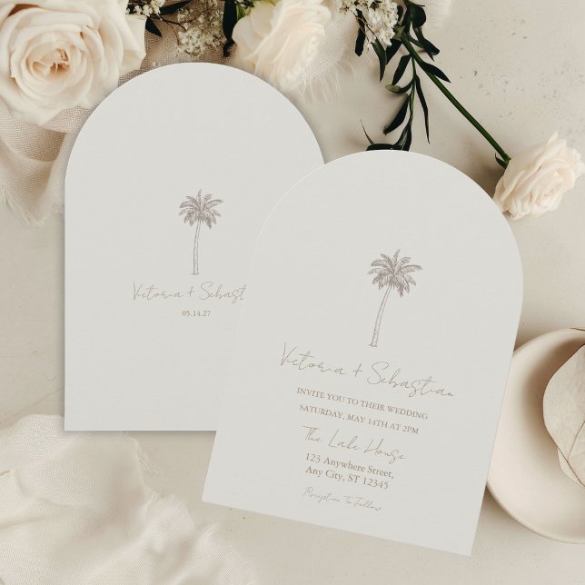 Minimal Taupe Palm Tree Beach Wedding Invitation (Creator Uploaded)