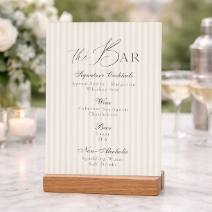 Minimal Taupe Stripe Wedding Bar Menu Invitation