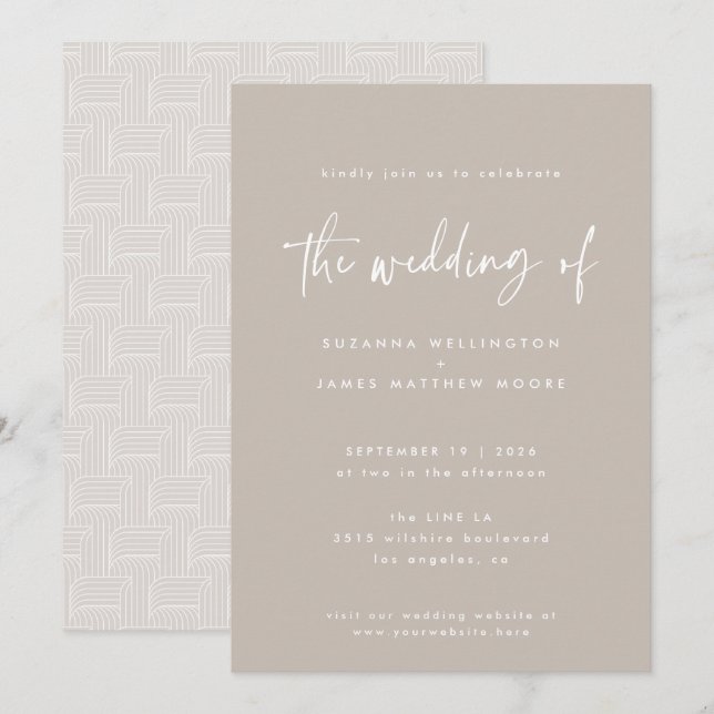 Minimal Taupe White Geometric Handwritten Script  Invitation (Front/Back)
