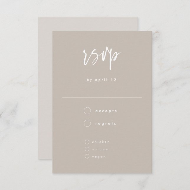 Minimal Taupe White Handwritten Script Wedding RSVP Card (Front/Back)