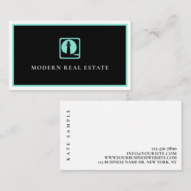 Minimal Teal Lighthouse Coastal Real Estate  Business Card (Front/Back)