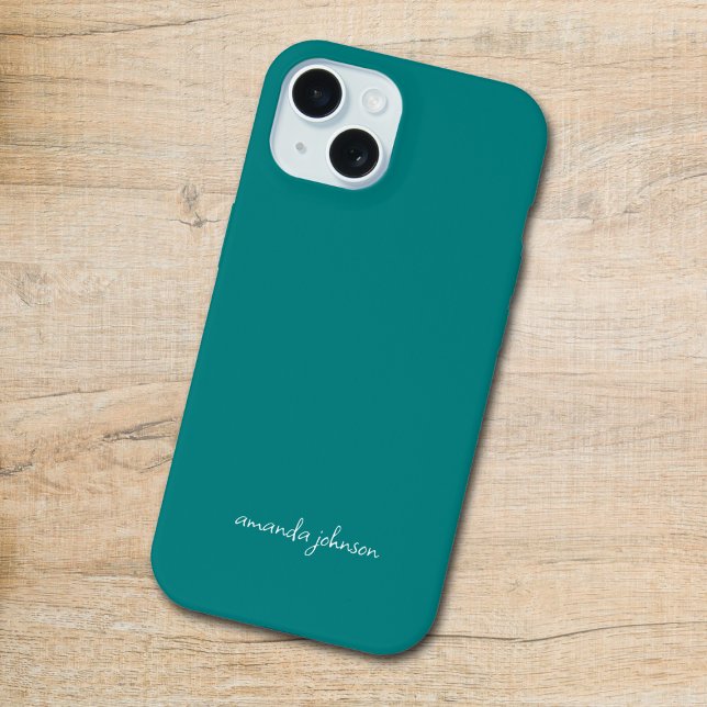 Minimal Teal Monogram Cursive Name iPhone 15 Case (Creator Uploaded)