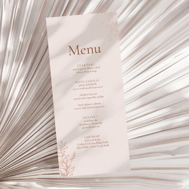 Minimal Terracotta Botanical Wedding Menu (Minimal Terracotta Botanical Wedding Menu on a sunny neutral dry palm leaf.)