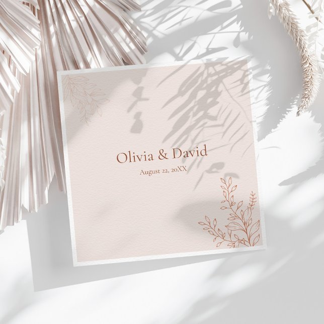 Minimal Terracotta Botanical Wedding Napkin (Minimal Terracotta Botanical Wedding Napkin on a white wedding table with neutral dry botanicals)