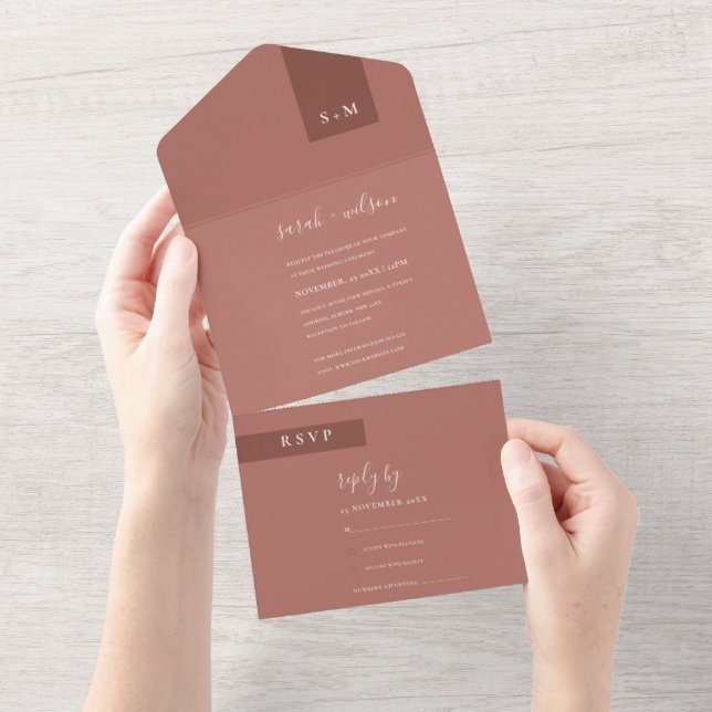 MINIMAL TERRACOTTA RUST MONOGRAM WEDDING SCANDI  ALL IN ONE INVITATION (Tearaway)