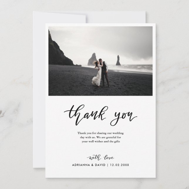 Minimal Thank You Script Wedding Couple Photo  Card (Front)