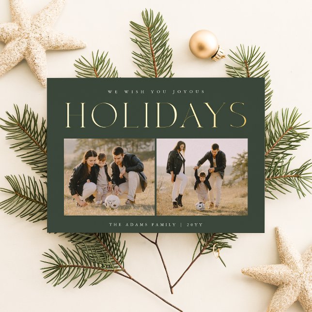 Minimal Three Photo Green Family Photo Foil Foil Holiday Card (Creator Uploaded)
