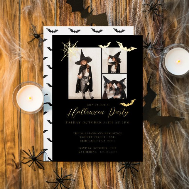 Minimal Three Photo Spooky Bats Halloween Party (Minimal Three Photo Spooky Bats Halloween Party Foil Invitation)