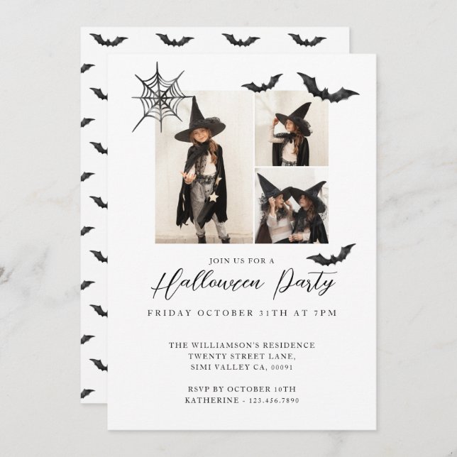 Minimal Three Photo Spooky Bats Halloween Party Invitation (Front/Back)
