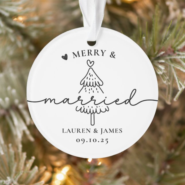 Minimal Tree Merry and Married Newlywed Christmas Ornament (Tree)