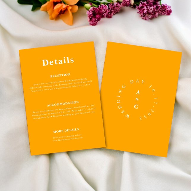 Minimal  trendy casual wedding Details Enclosure  Card (fun orange bold wedding details card , mix and match wedding ststionary , editable ,downloadable ,
)
