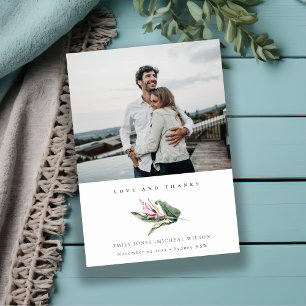Minimal Tropical Leafy Pink Floral Photo Wedding Thank You Card