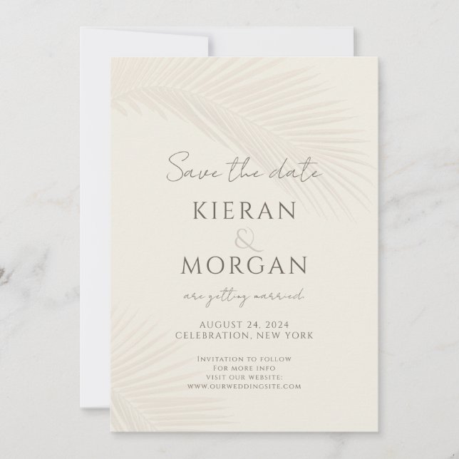 Minimal Tropical Palm Leaf Save the Date Invitation (Front)
