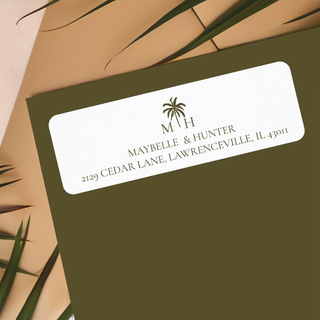 Minimal Tropical Palm Tree Monogram White Return Address Label (Minimal Tropical Palm Tree Monogram White Label)