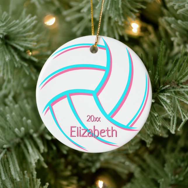 minimal turquoise pink girly keepsake volleyball ceramic ornament (Tree)