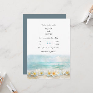 Minimal Turquoise Sea Plumeria Flowers Wedding  Invitation