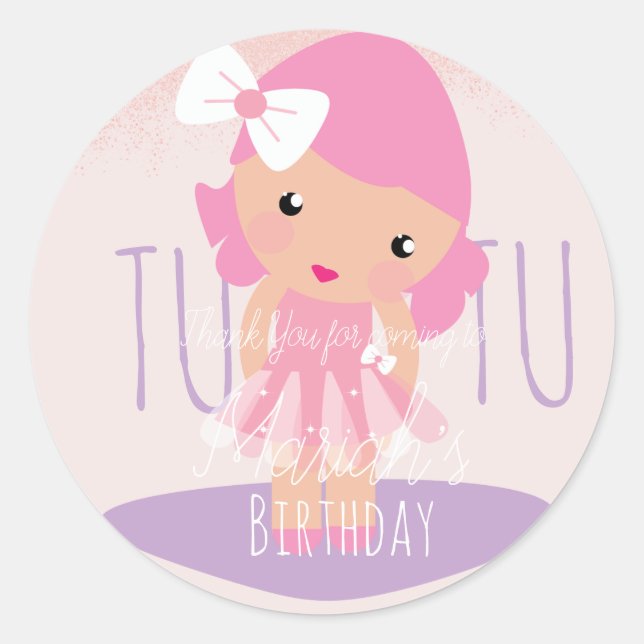 Minimal Tutu Girl's Birthday Cartoon Pink Glitter  Classic Round Sticker (Front)