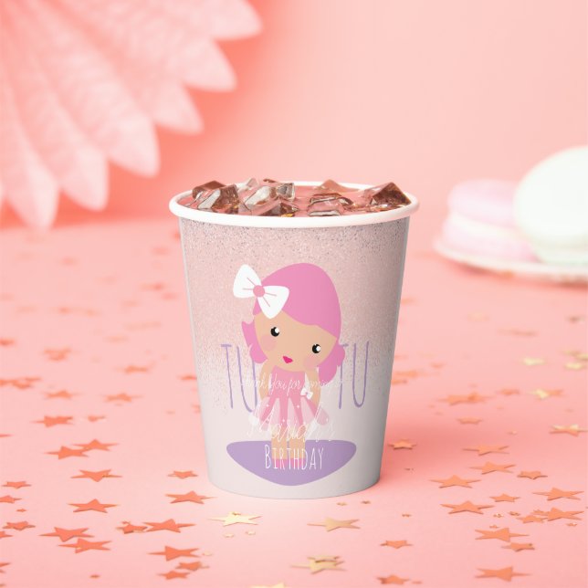 Minimal Tutu Girl's Birthday Cartoon Pink Glitter  Paper Cups (Insitu)