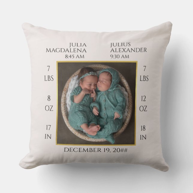 Minimal Twin Baby Name Birth Stats Photo Keepsake Cushion (Front)