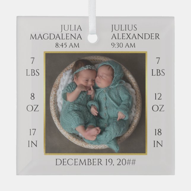 Minimal Twin Baby Name Birth Stats Photo Keepsake Glass Tree Decoration (Front)