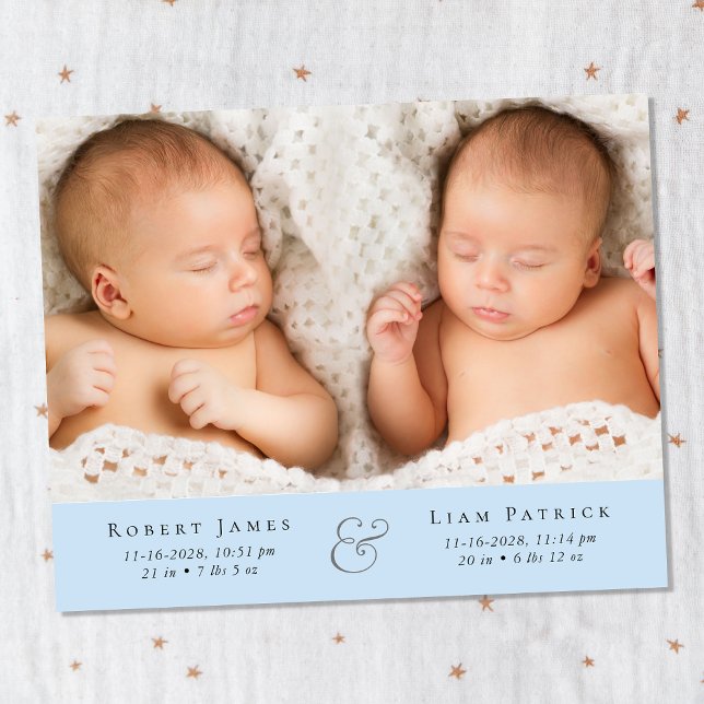 Minimal Twin Boys Photo Blue Birth Announcement (Creator Uploaded)