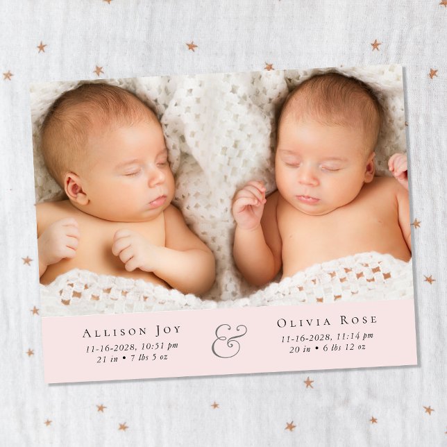 Minimal Twin Girls Photo Pink Birth Announcement (Creator Uploaded)