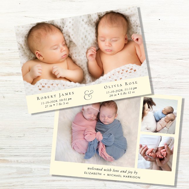 Minimal Twins Photo Yellow Birth Announcement (Creator Uploaded)