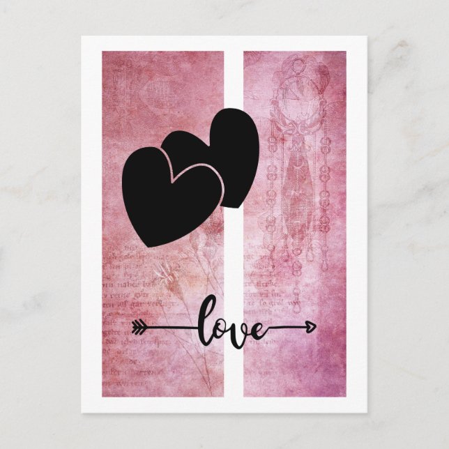 Minimal Two Hearts Love Arrow Deep Pink Background Postcard (Front)