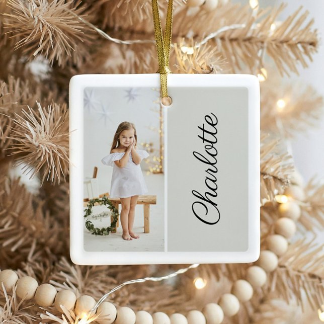 Minimal Two Photo Customised Name Light Grey Ceramic Ornament (Minimal Modern Simple Script Kids Photo Keepsake Ceramic Ornament)