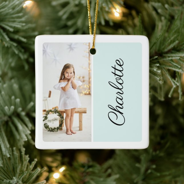 Minimal Two Photo Customised Name Mint Green Ceramic Ornament (Tree)