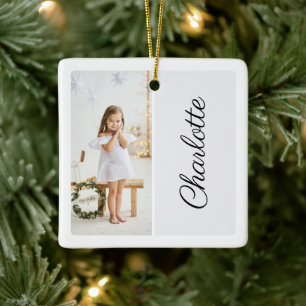 Minimal Two Photo Customized Name White Ceramic Ornament