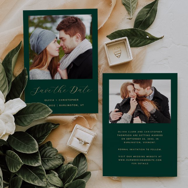 Minimal Two-Photo Emerald Green Gold Script Save The Date (Creator Uploaded)