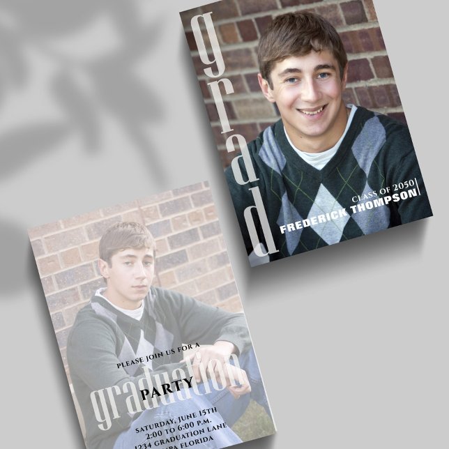 Minimal Two Photo Graduation Announcement (Vertical graduation announcement card with senior portrait and modern grad typography.)