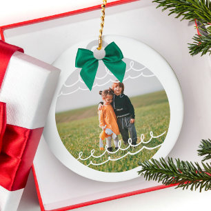 Minimal Two Photo Green Bow Family Photo Ceramic Ornament