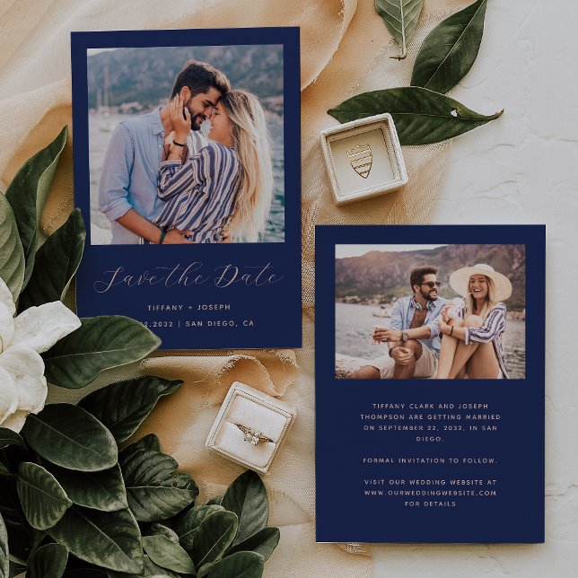Minimal Two Photo Navy Blue Blush Script Save The Date (Creator Uploaded)