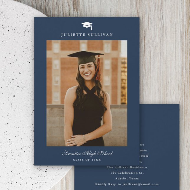 Minimal Type Photo Graduation Announcement (Simple typography navy blue photo graduation invitation.)